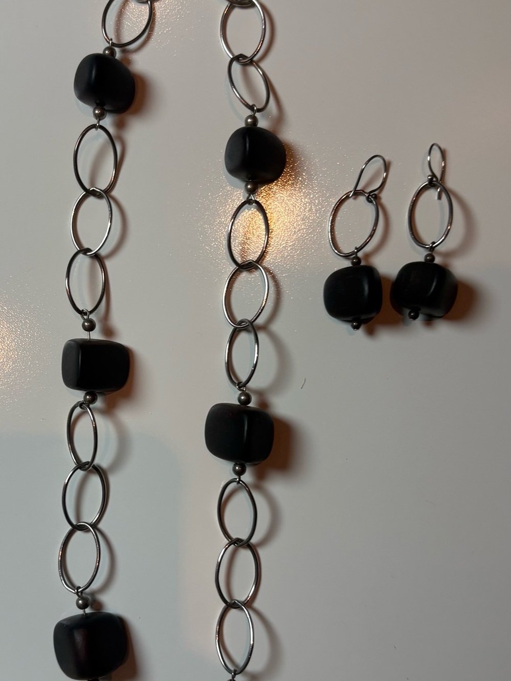 Retired Silpada Sterling Silver Wood Bead Station Necklace & Earrings 925 Set